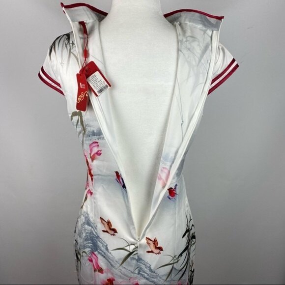 Sigi Chinese Traditional Floral Dress Womens Small White Red Slim Fit Midi Dress - Picture 4 of 6